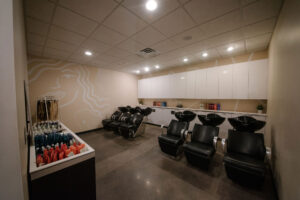 Modern salon washing area in the best salon in Waukee and Urbandale, with chairs, sinks, hair extensions, balayage & bridal hair.